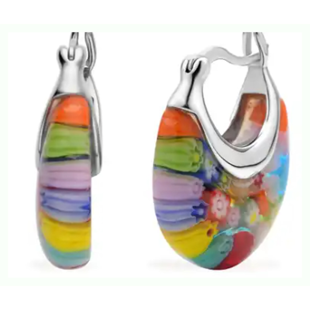 ITALIAN Murano Glass Earrings Floral Flower Silver Multi Colored NEW Colorful - Picture 3 of 8